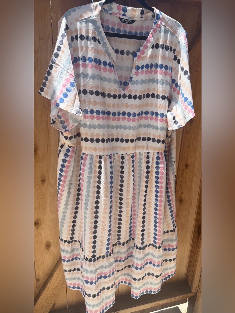 BloomChic Cream Dress with Blue, Pink, Gray and Black Dot with pockets size 26